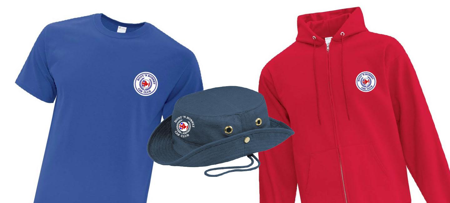 Blue t-shirt, navy hat and red sweater with logo